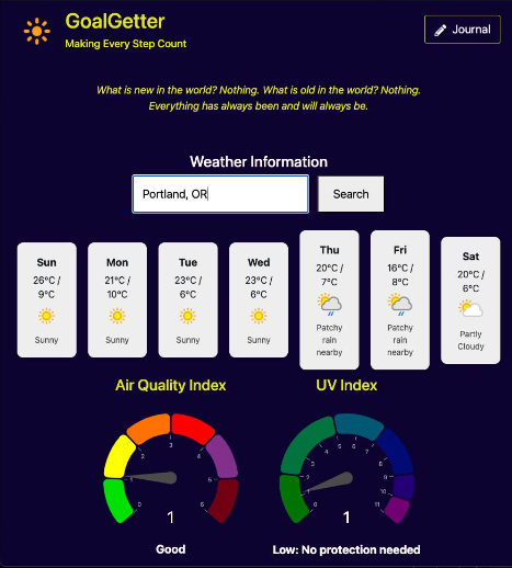 Example photo of the weather features for the goal getter application.