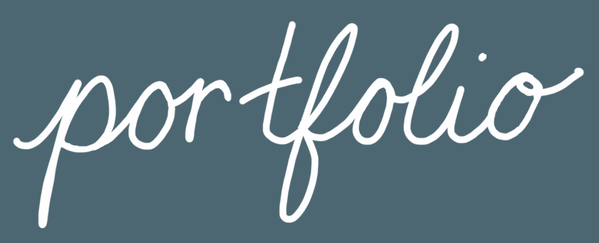 Portfolio written in white cursive on a dusty blue background.